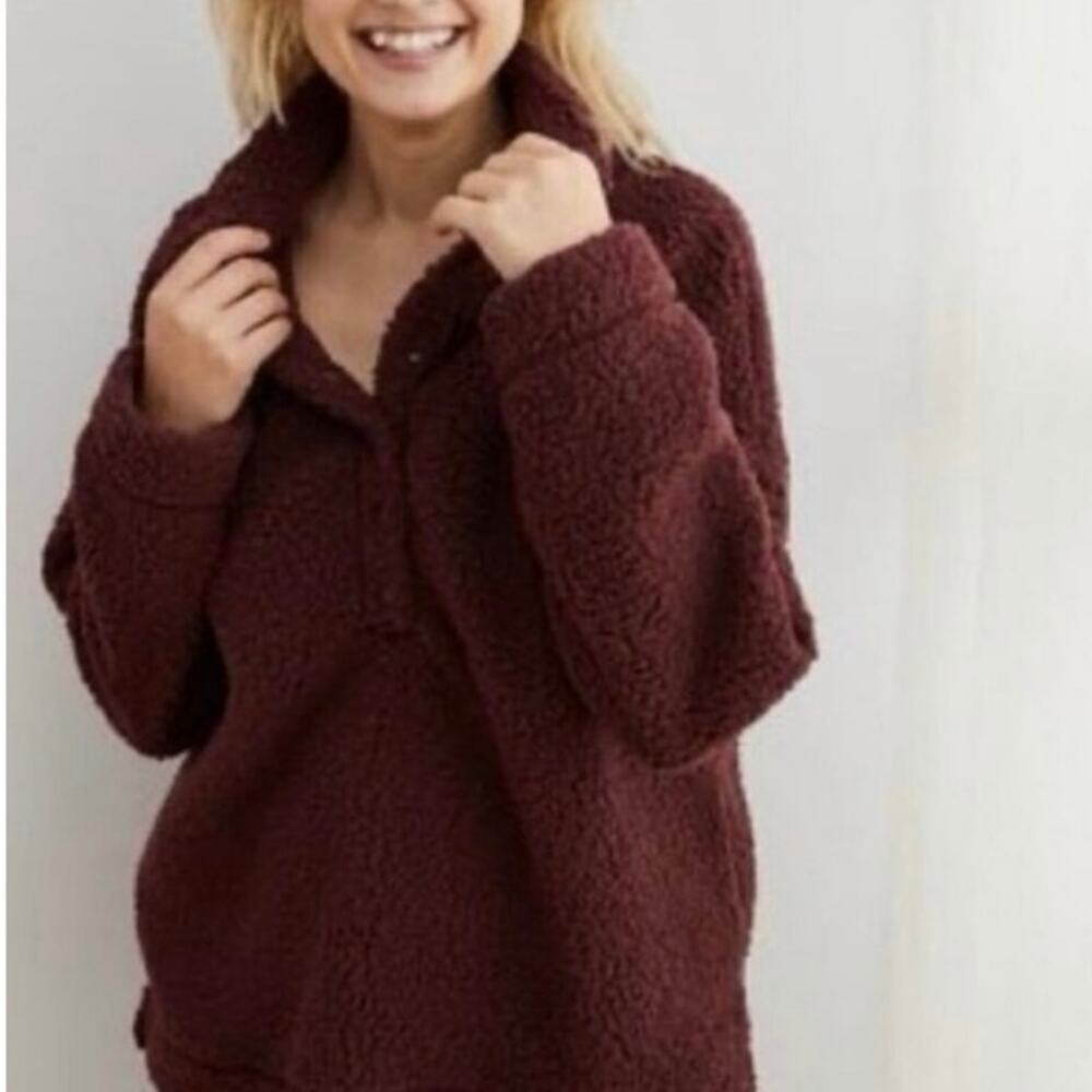 Aerie Burgundy Sherpa Pullover Snap Fleece Cozy Oversized Women’s Size Large